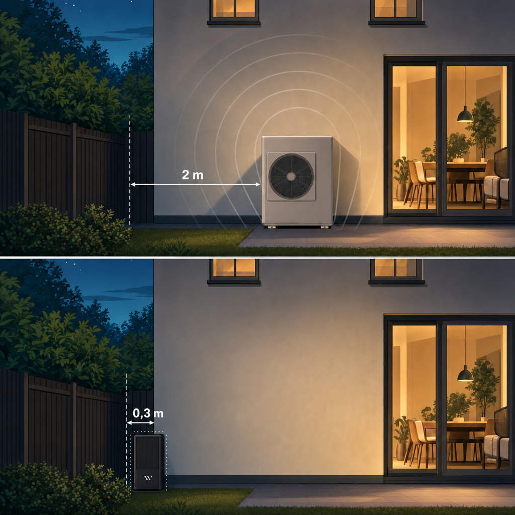 Twee keer dezelfde gevel bij nacht: boven een standaard warmtepomp op 2 meter van de erfgrens, onder de Whspr op 0,3 meter naast het schuurtje