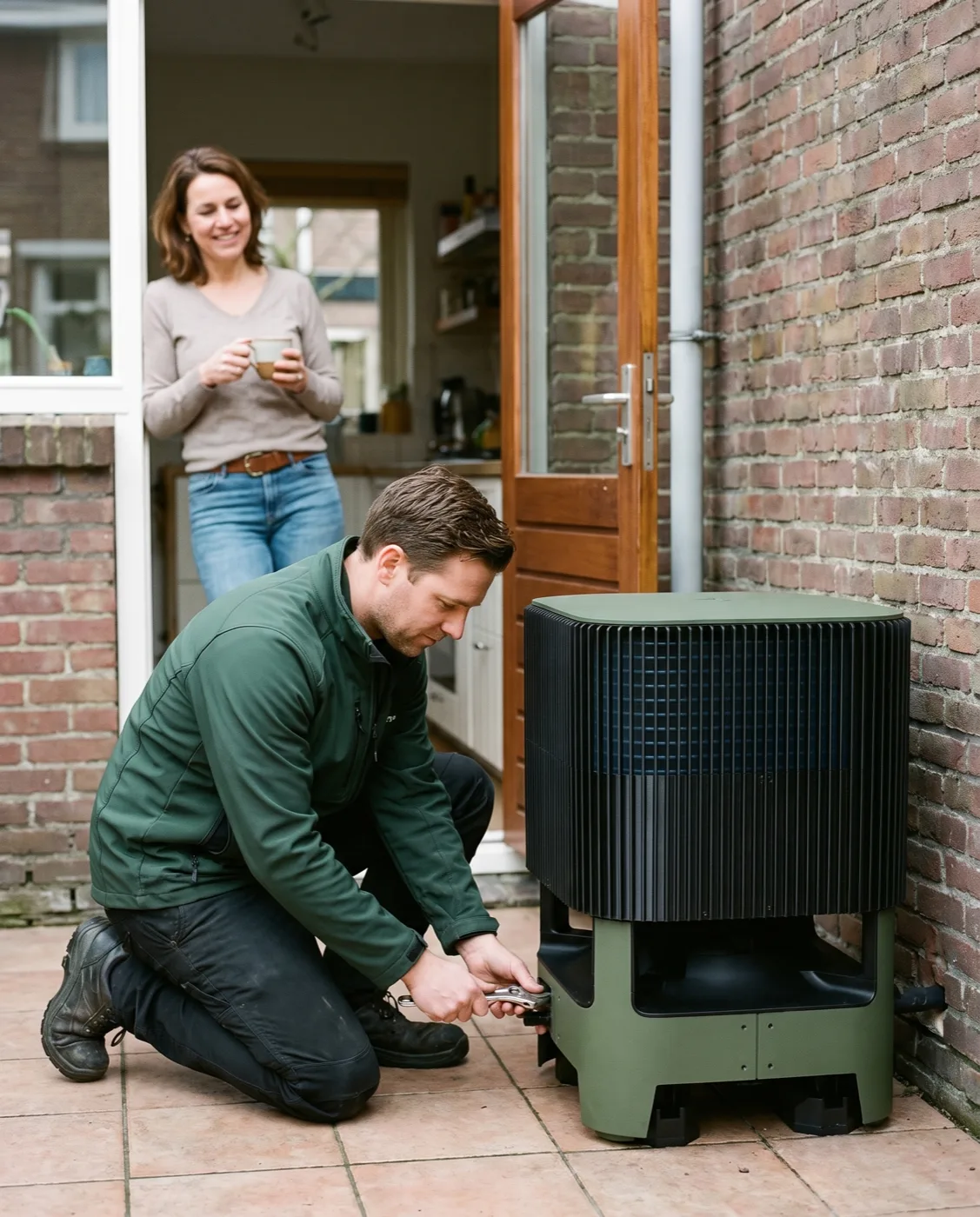 Installateur sluit de Whspr aan naast de achterdeur, bewoner kijkt toe