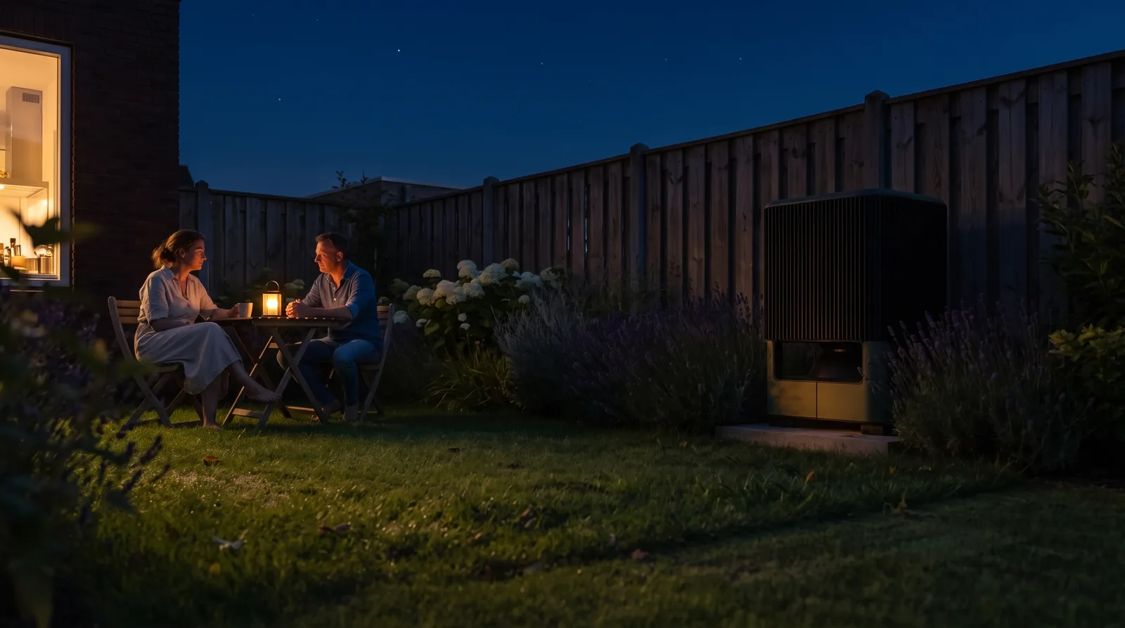 Een stel zit 's avonds in de tuin, de Whspr staat stil bij de schutting